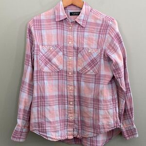 Lauren Ralph Lauren Linen Button Up Shirt Roll Tab Plaid Womens Small Western